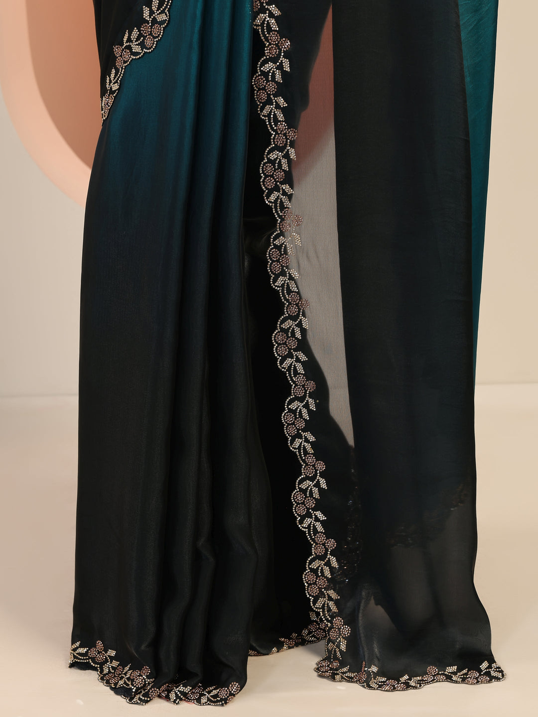  Teal Solid Satin Saree With Unstitched Blouse Piece 
