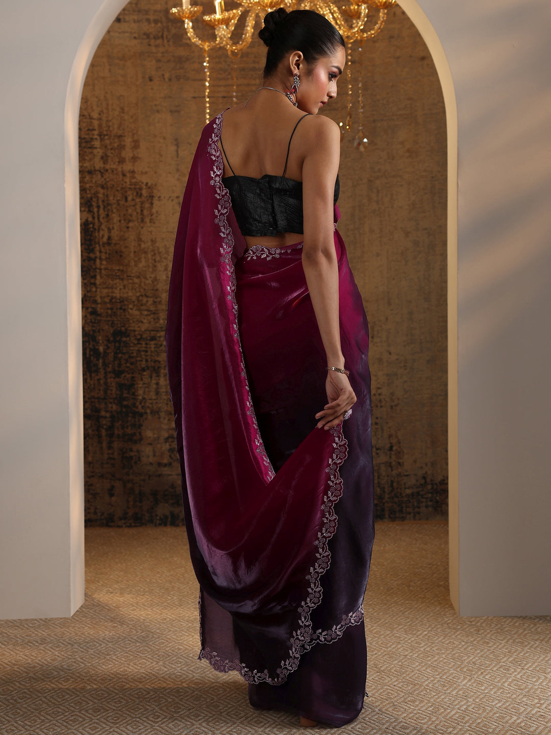  Burgundy Solid Satin Saree With Unstitched Blouse Piece 