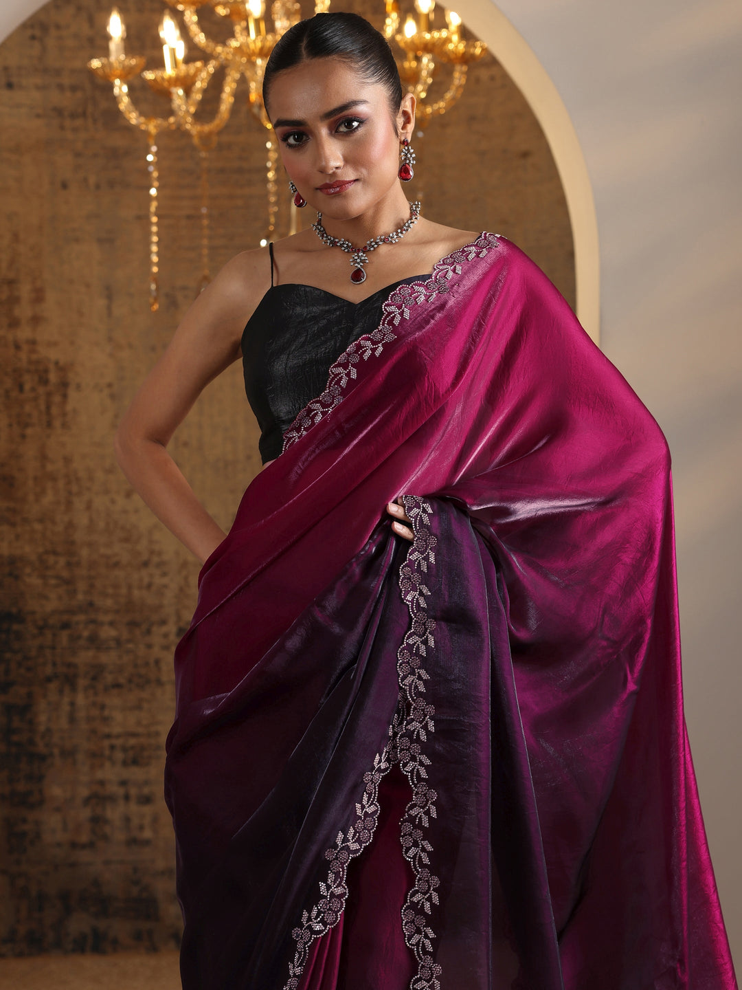  Burgundy Solid Satin Saree With Unstitched Blouse Piece 