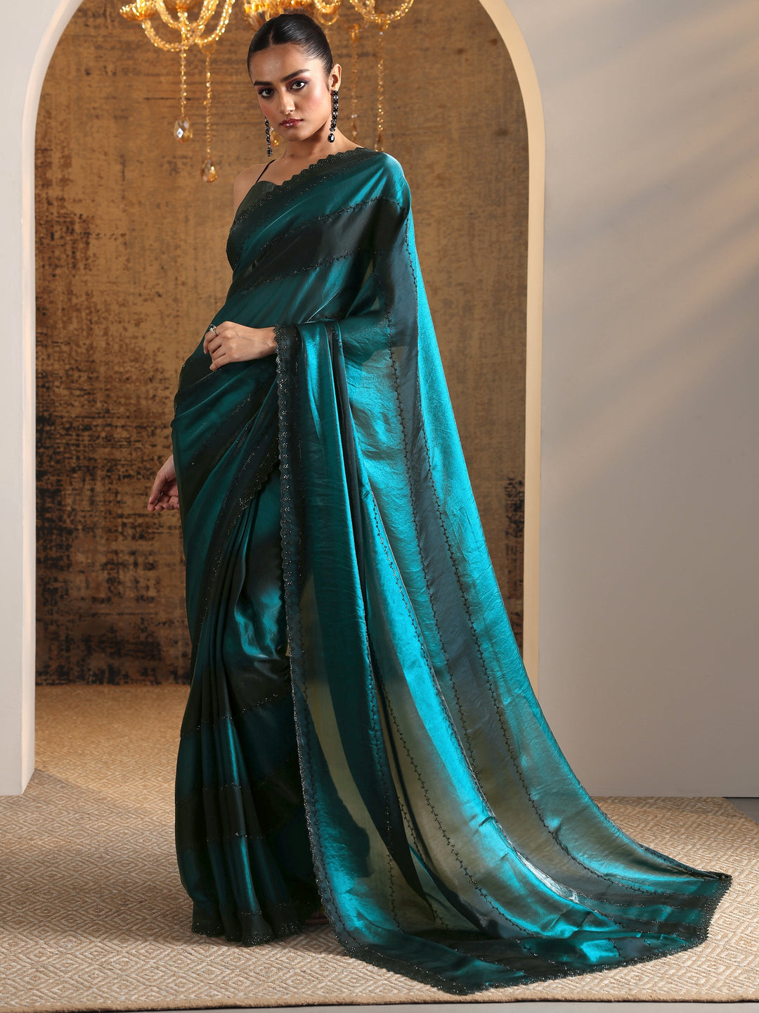  Teal Embellished Satin Saree With Unstitched Blouse Piece 