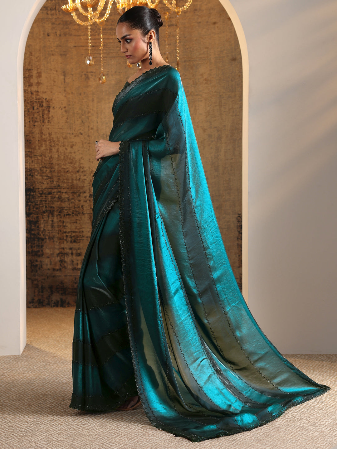  Teal Embellished Satin Saree With Unstitched Blouse Piece 