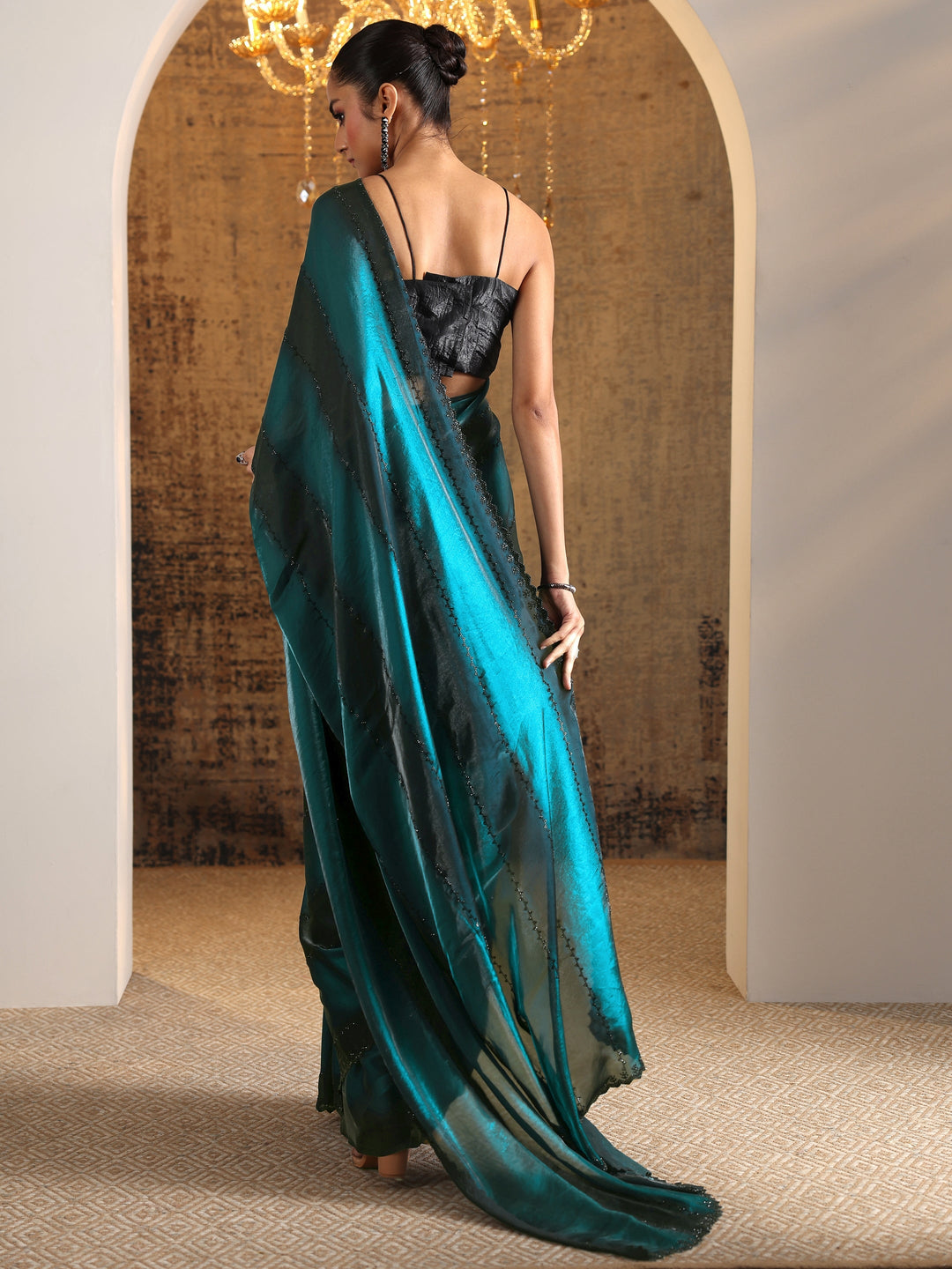  Teal Embellished Satin Saree With Unstitched Blouse Piece 
