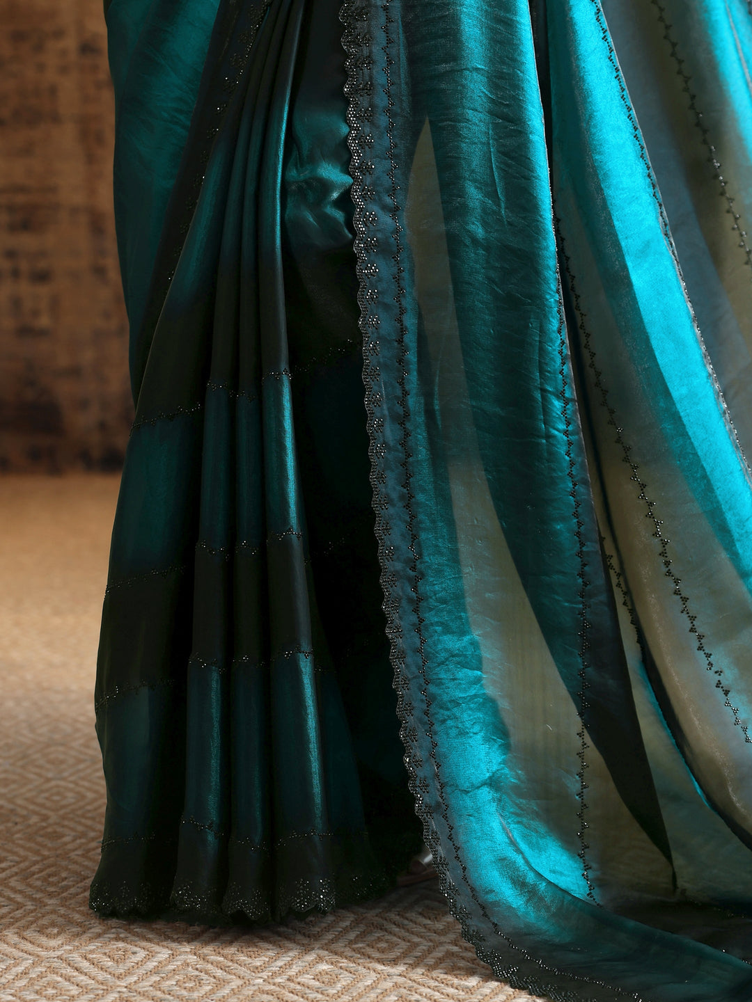  Teal Embellished Satin Saree With Unstitched Blouse Piece 