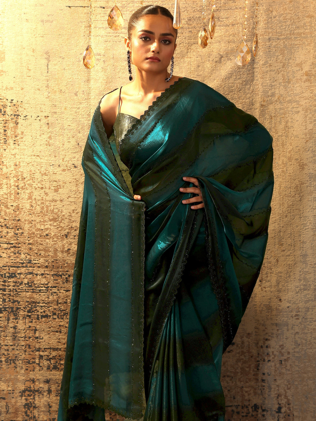 Teal Embellished Satin Saree With Unstitched Blouse Piece 