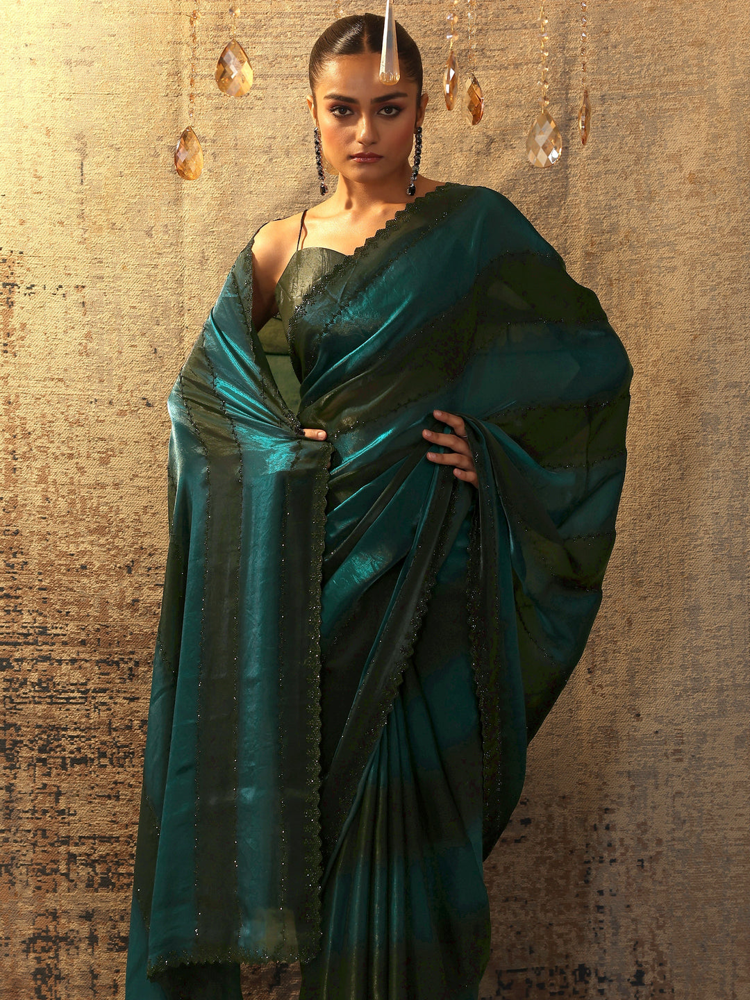  Teal Embellished Satin Saree With Unstitched Blouse Piece 
