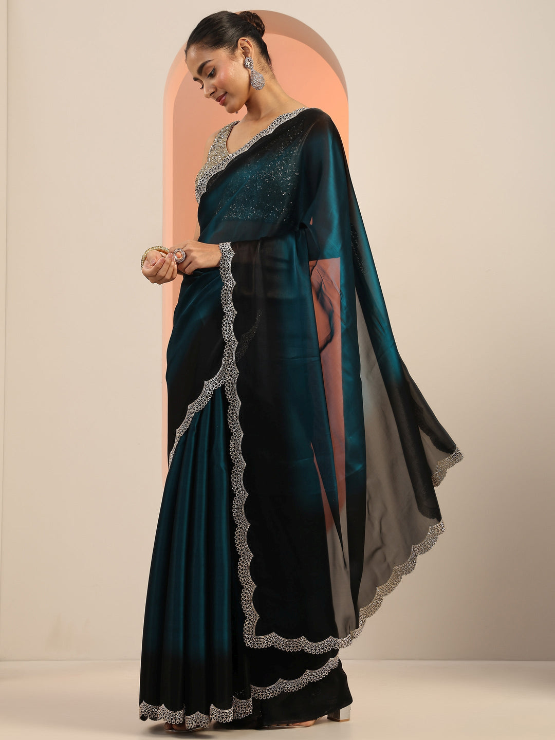  Teal Solid Satin Saree With Unstitched Blouse Piece 