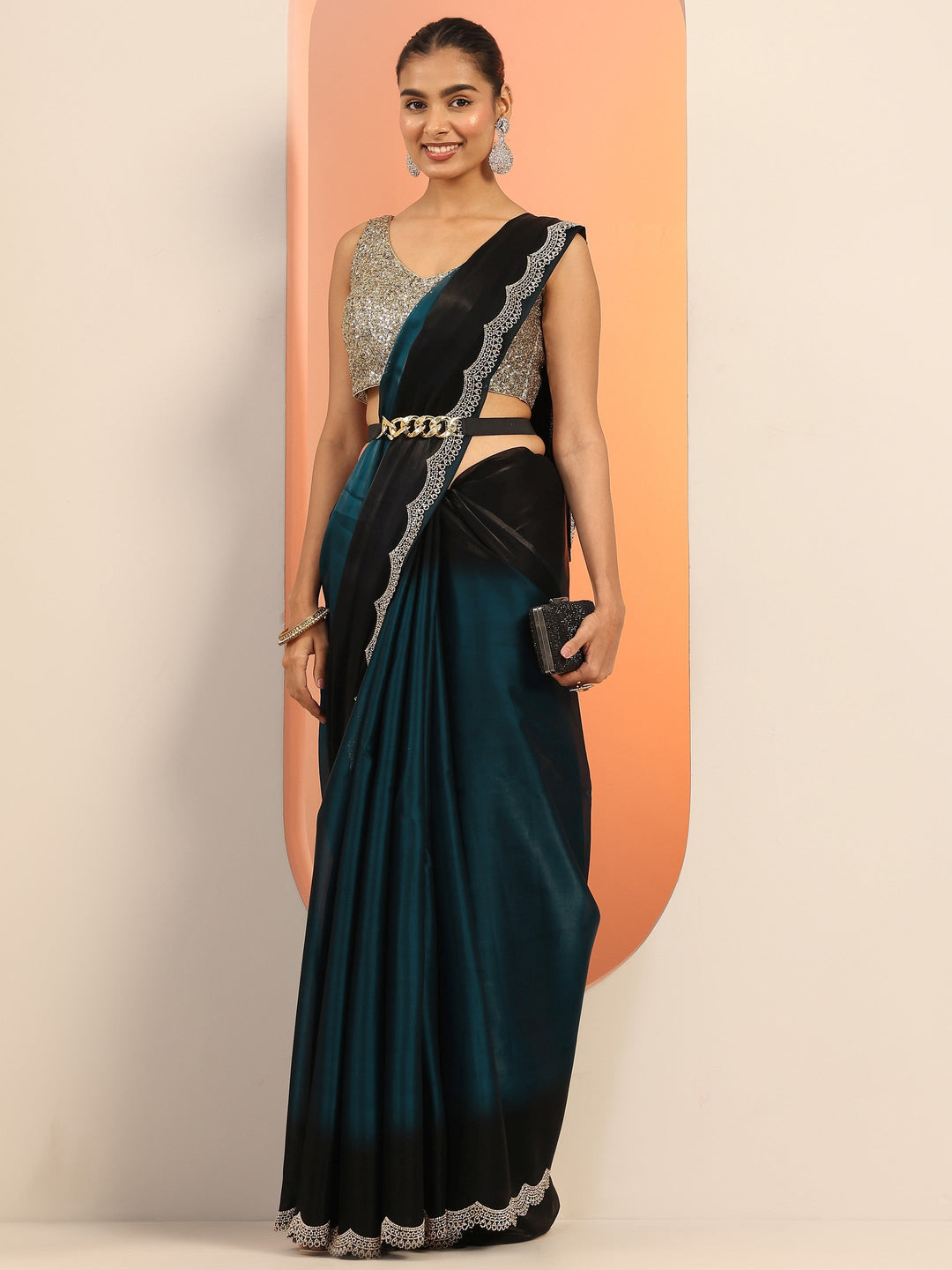  Teal Solid Satin Saree With Unstitched Blouse Piece 