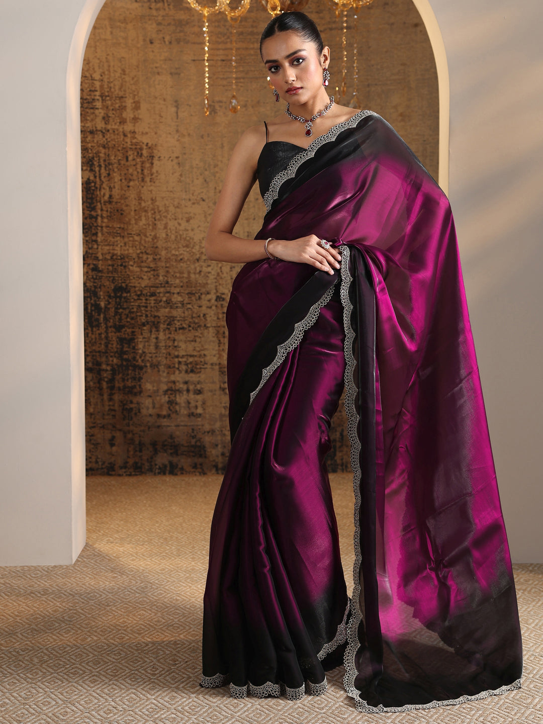  Burgundy Solid Satin Saree With Unstitched Blouse Piece 