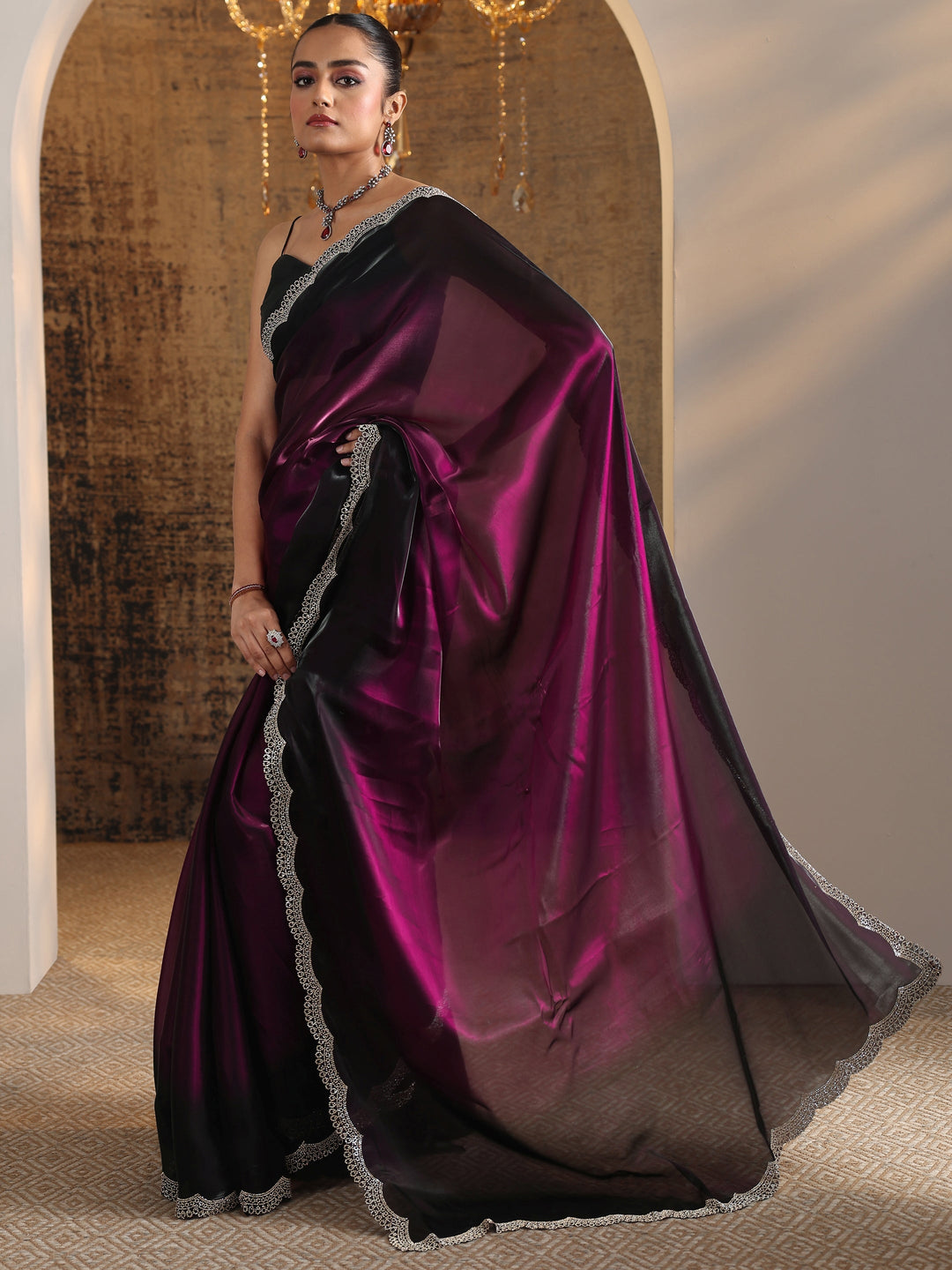  Burgundy Solid Satin Saree With Unstitched Blouse Piece 