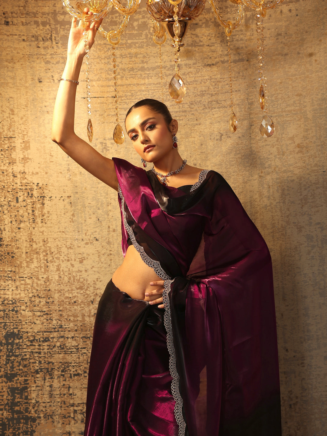  Burgundy Solid Satin Saree With Unstitched Blouse Piece 