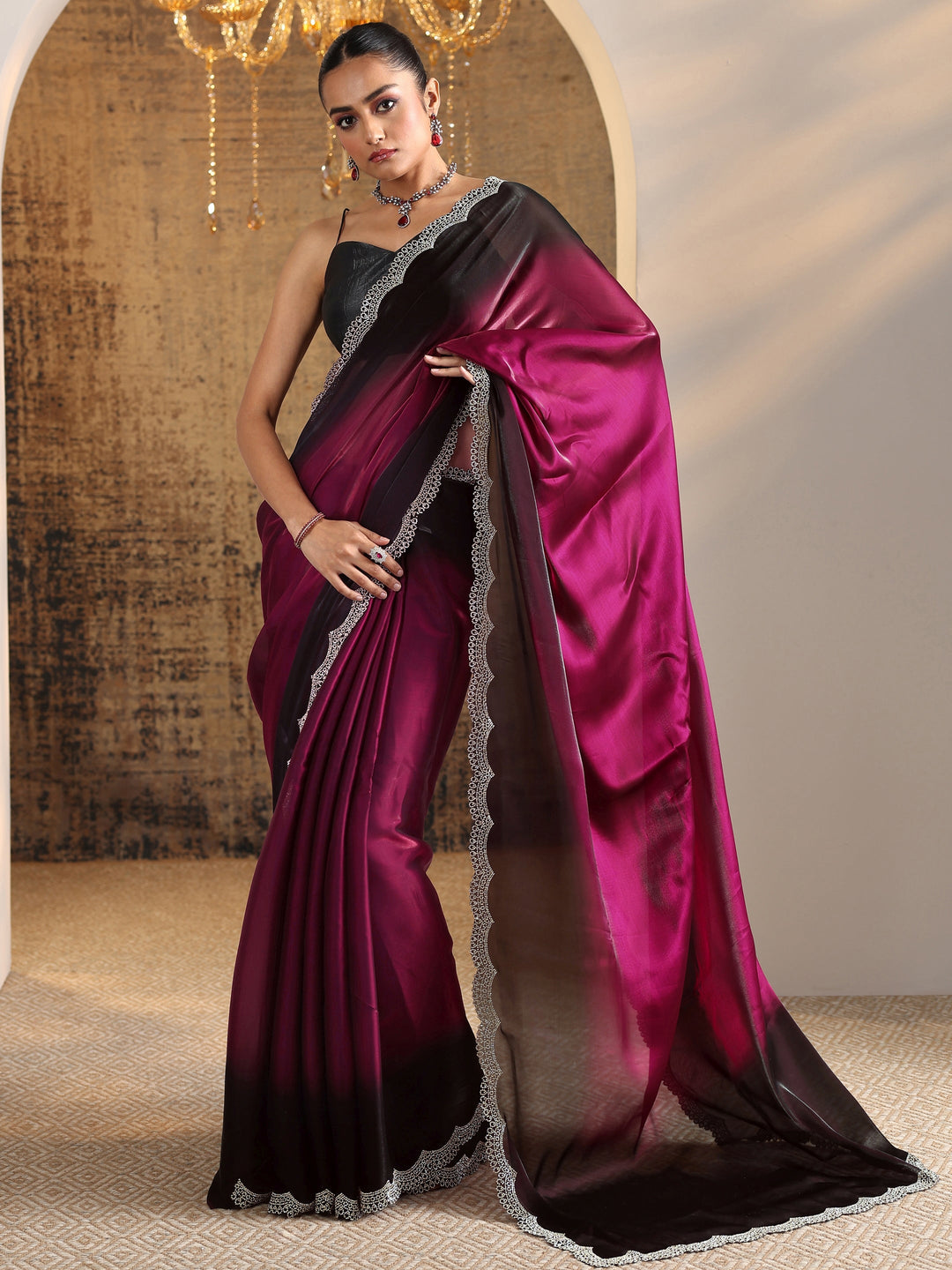  Red Solid Satin Saree With Unstitched Blouse Piece 