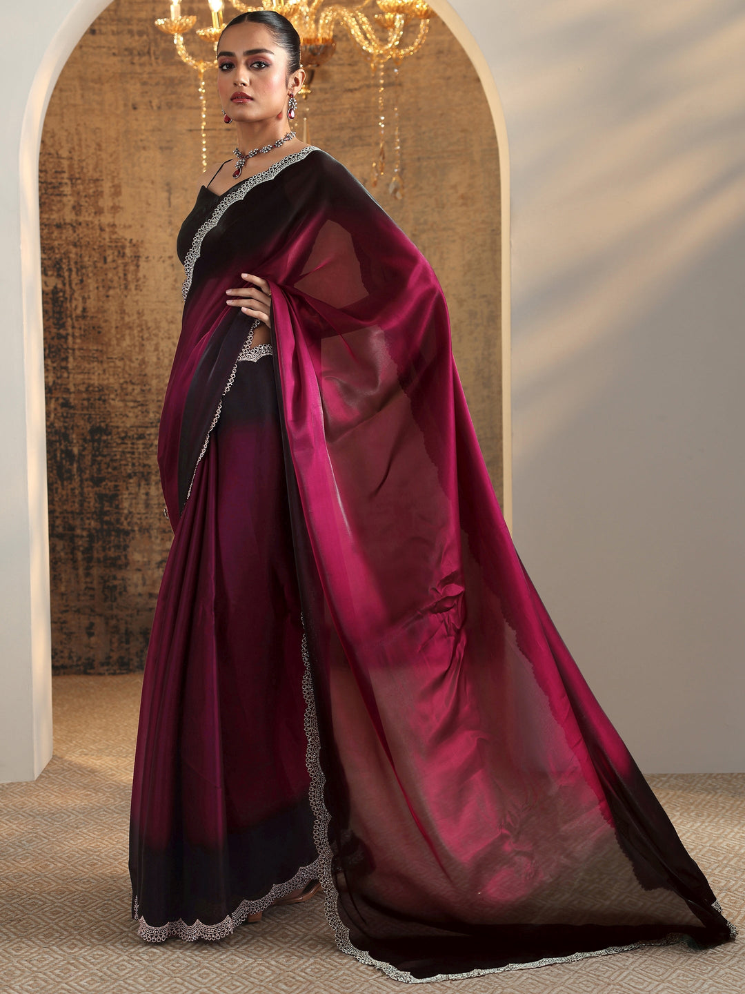  Red Solid Satin Saree With Unstitched Blouse Piece 