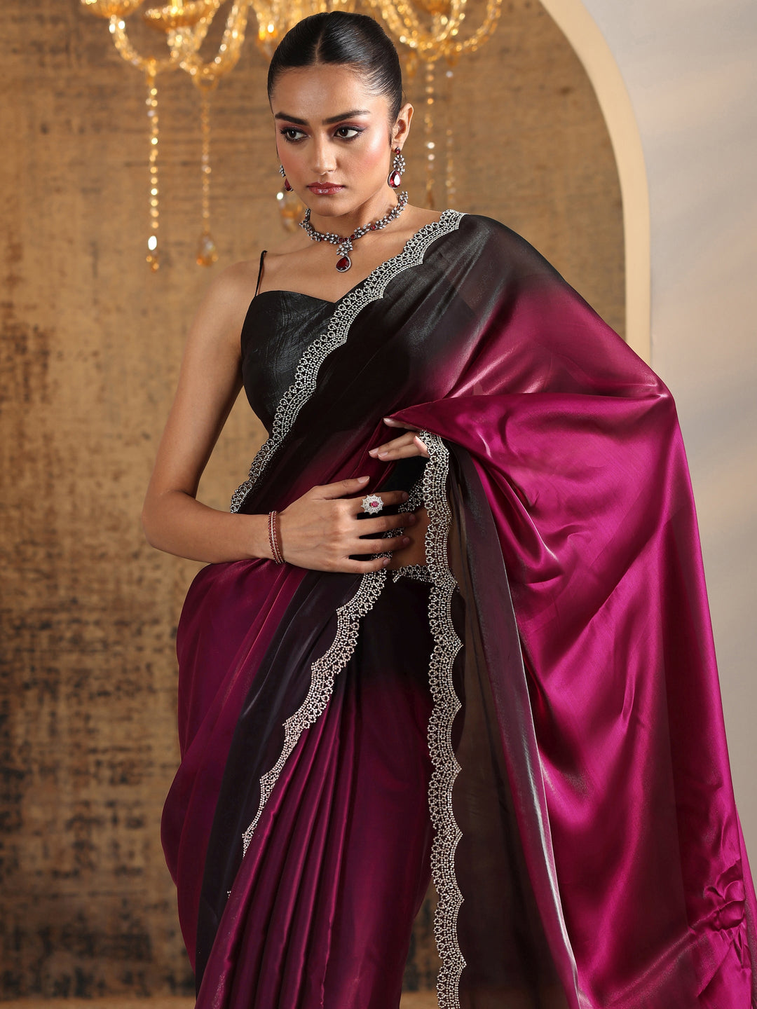  Red Solid Satin Saree With Unstitched Blouse Piece 