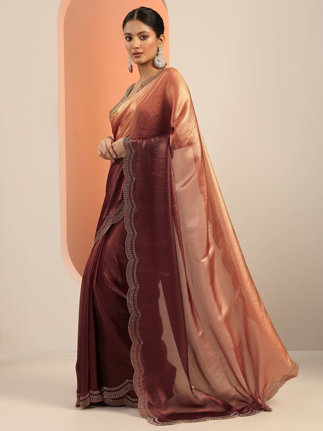  Rust Solid Satin Saree With Unstitched Blouse Piece 