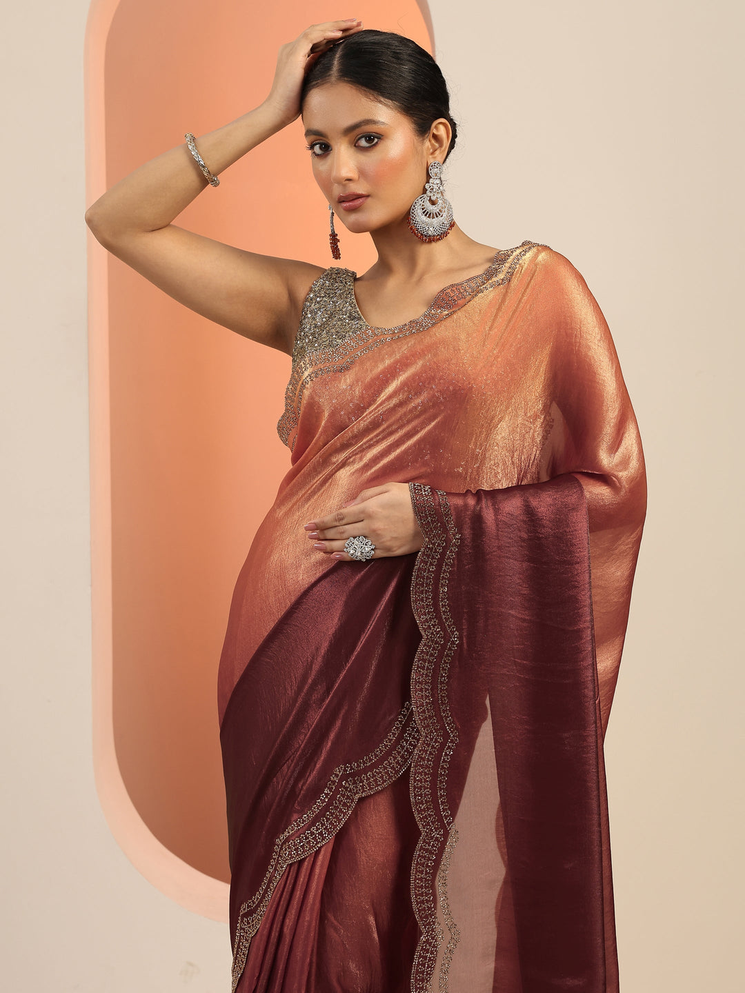 Rust Solid Satin Saree With Unstitched Blouse Piece 