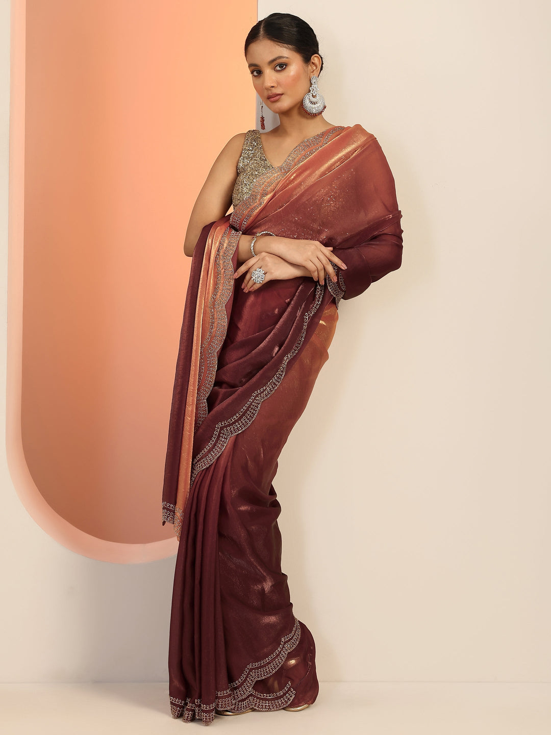  Rust Solid Satin Saree With Unstitched Blouse Piece 