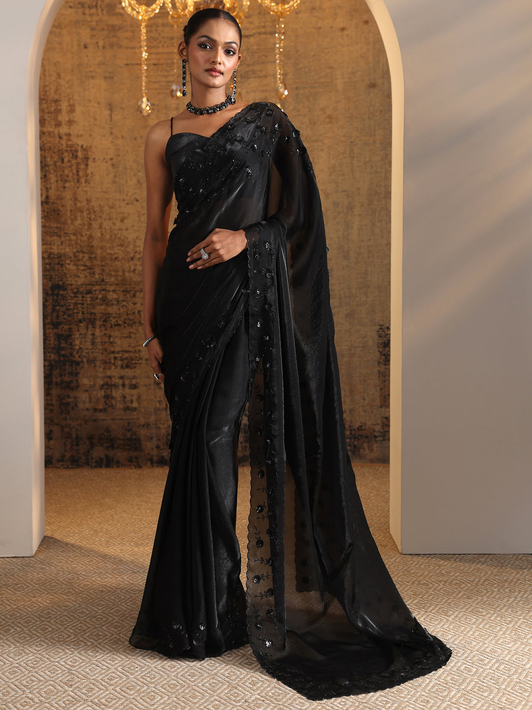 Black Embellished Satin Sarees With Unstitched Blouse Piece