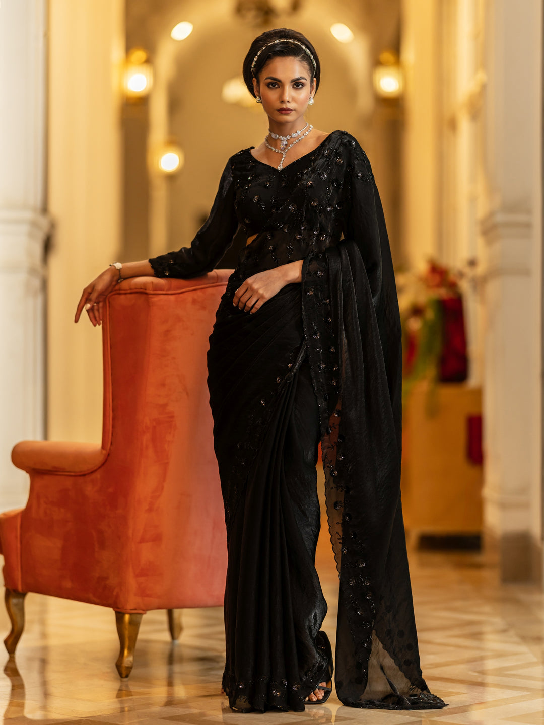 Black Embellished Satin Sarees With Unstitched Blouse Piece
