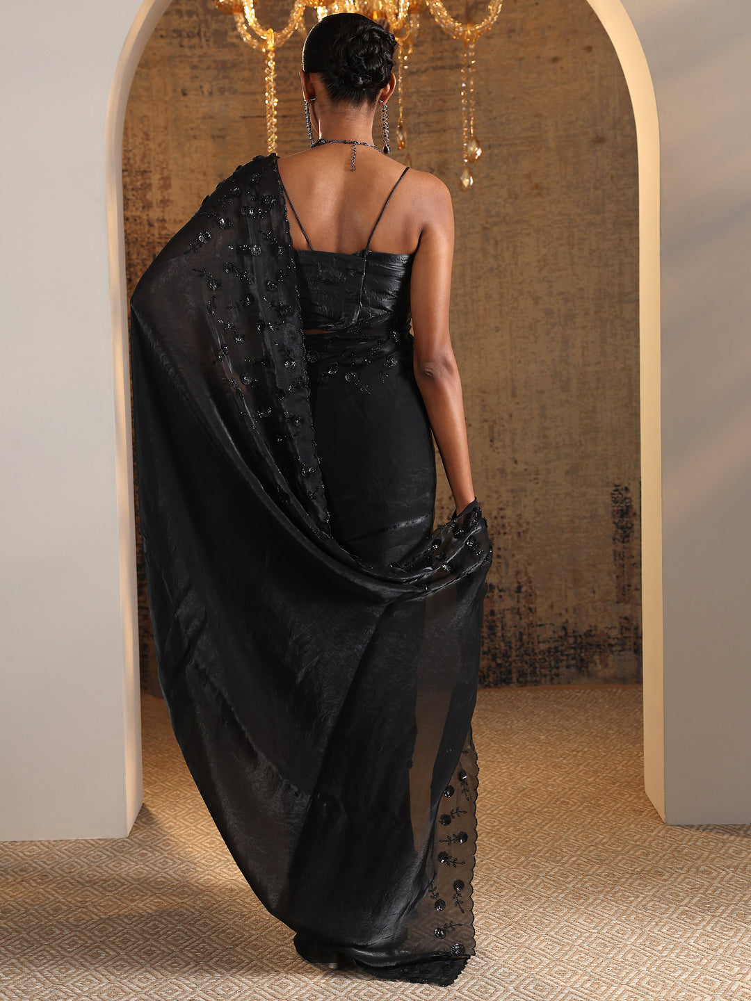  Black Embellished Satin Sarees With Unstitched Blouse Piece 