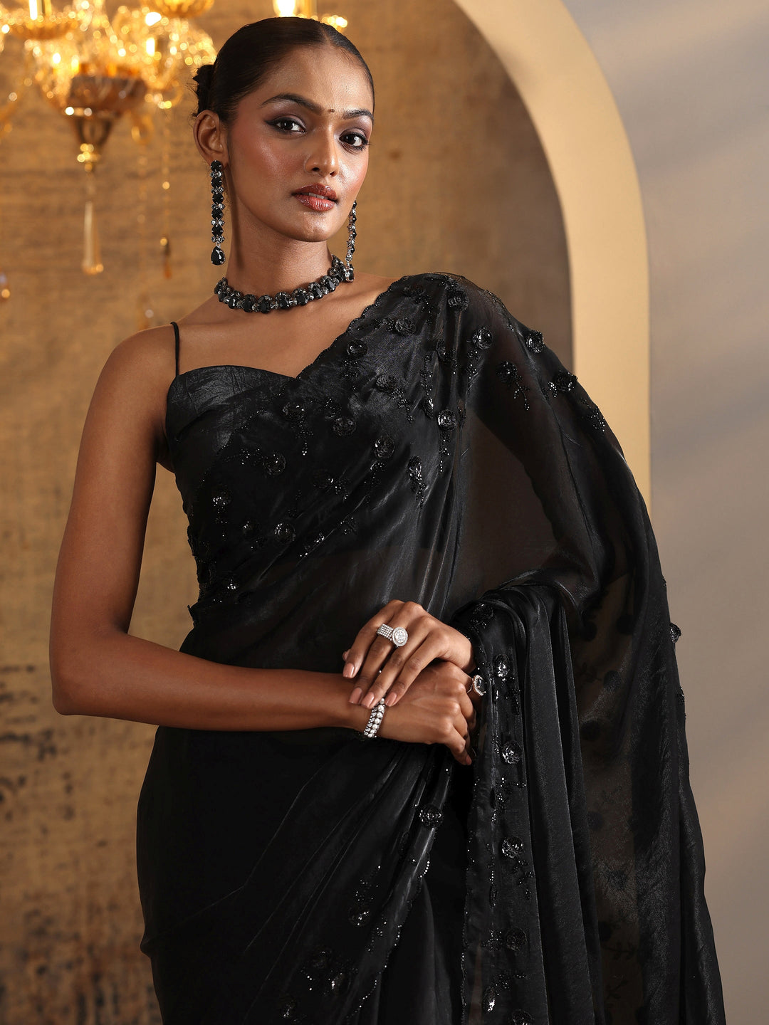  Black Solid Satin Saree With Unstitched Blouse Piece 