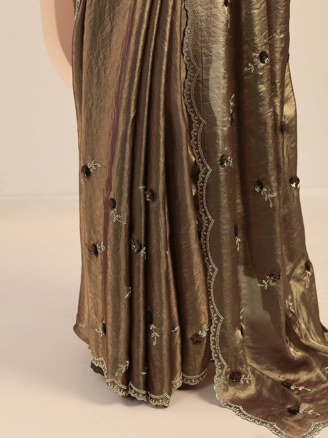 Copper Embellishments Satin Saree With Unstitched Blouse Piece 