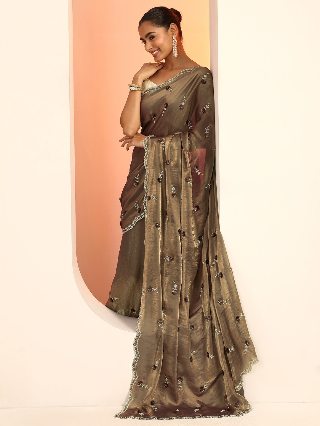  Copper Embellishments Satin Saree With Unstitched Blouse Piece 