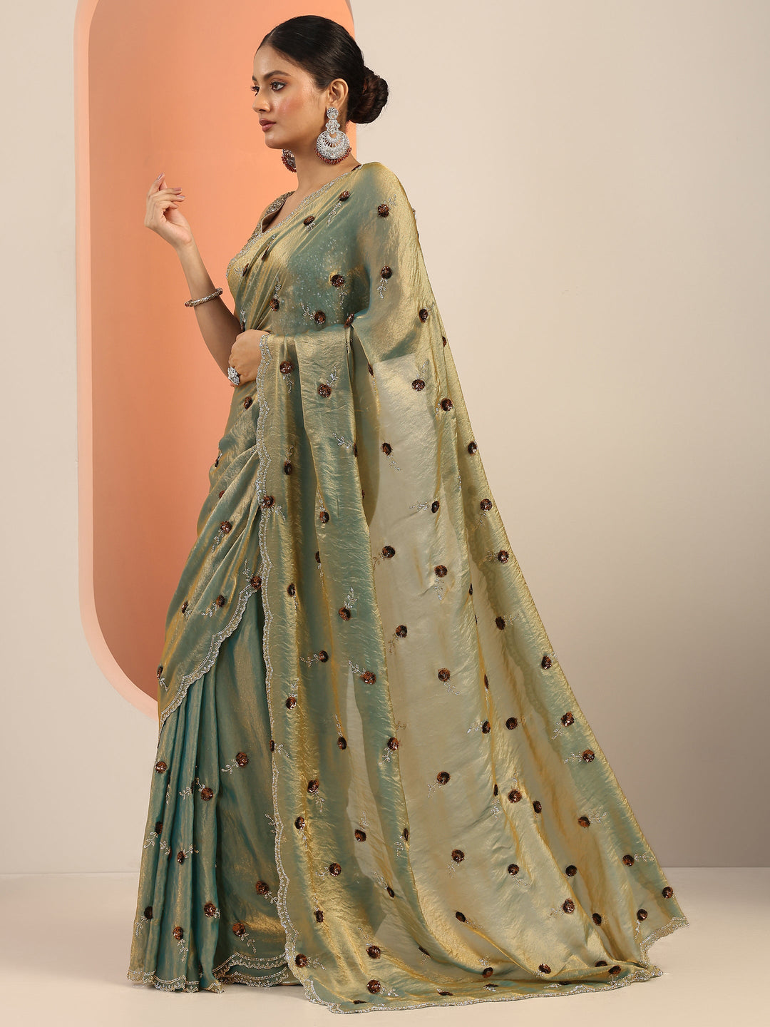  Blue Embellishments Satin Saree With Unstitched Blouse Piece 