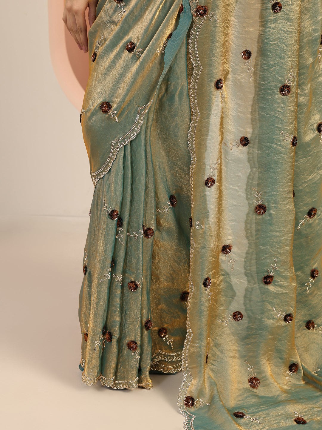  Blue Embellishments Satin Saree With Unstitched Blouse Piece 