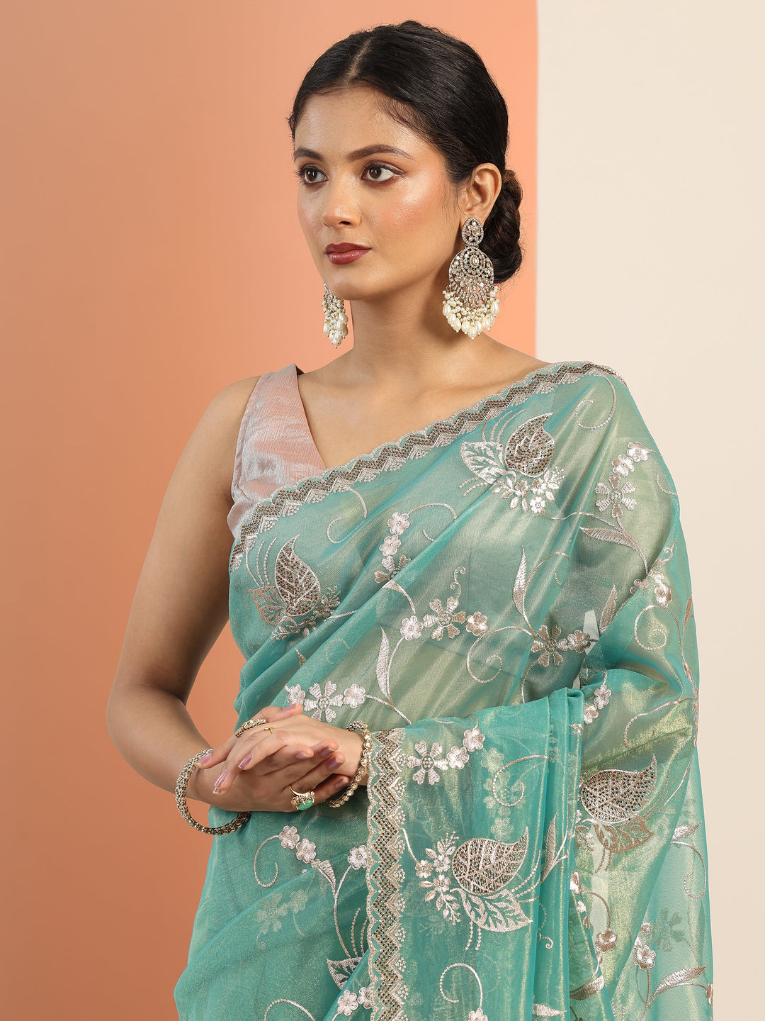  Blue Embroidered Nylon Saree With Unstitched Blouse Piece 