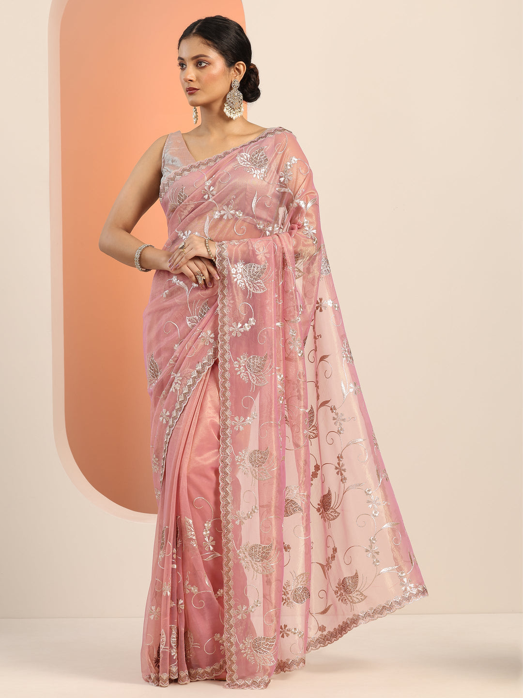  Pink Embroidered Nylon Saree With Unstitched Blouse Piece 