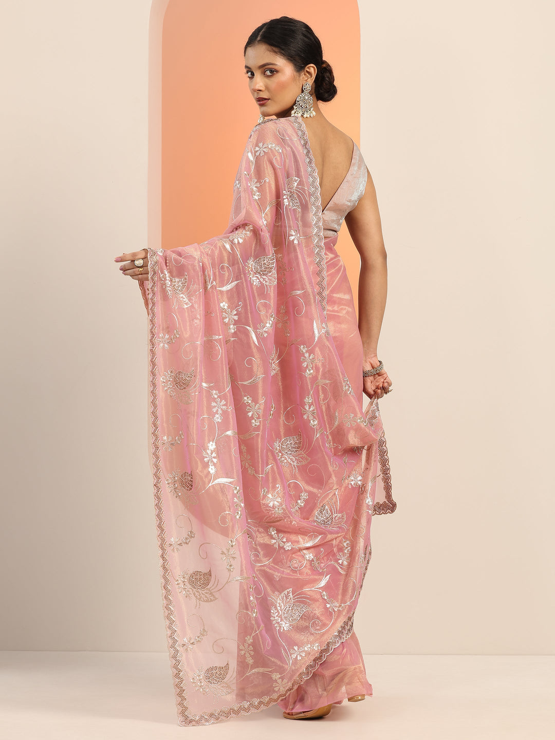  Pink Embroidered Nylon Saree With Unstitched Blouse Piece 