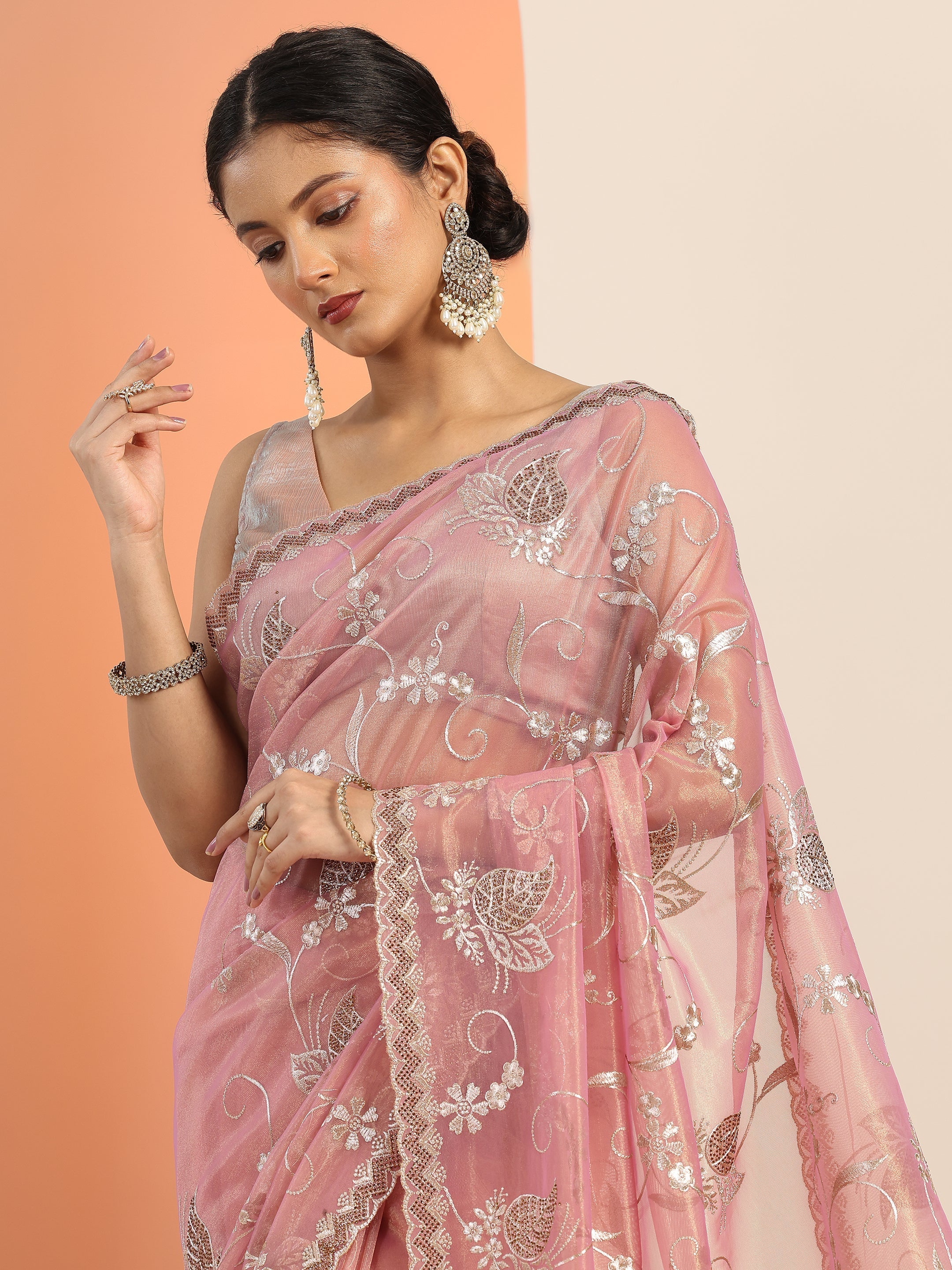 libas Pink Embroidered Nylon Saree With Unstitched Blouse Piece-picture-49