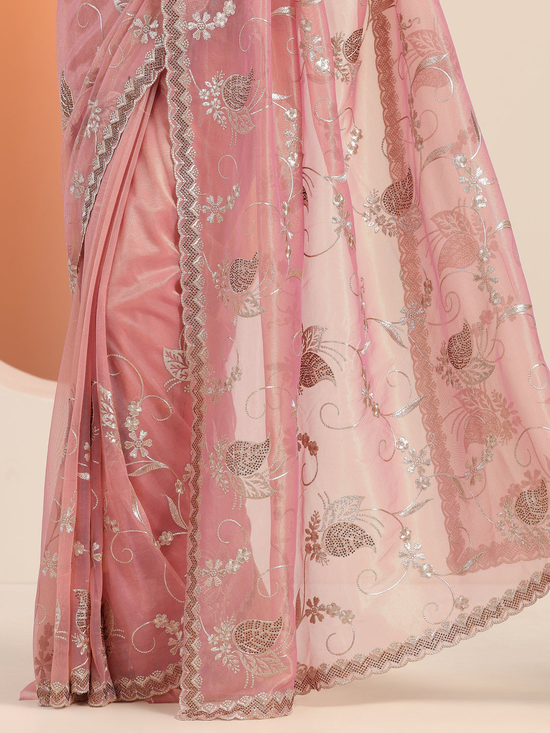  Pink Embroidered Nylon Saree With Unstitched Blouse Piece 