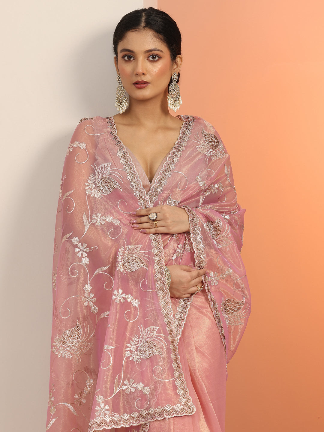  Pink Embroidered Nylon Saree With Unstitched Blouse Piece 