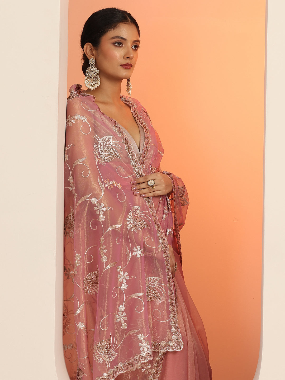  Pink Embroidered Nylon Saree With Unstitched Blouse Piece 