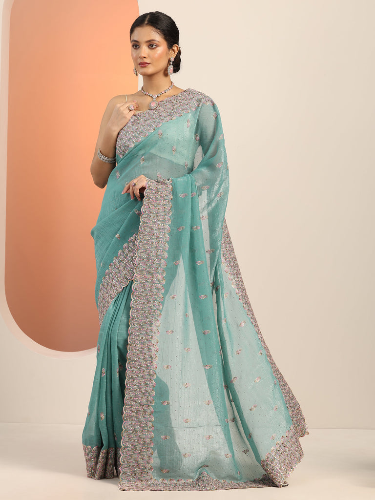 Libas Blue Embroidered Silk blend Saree With Unstitched Blouse Piece