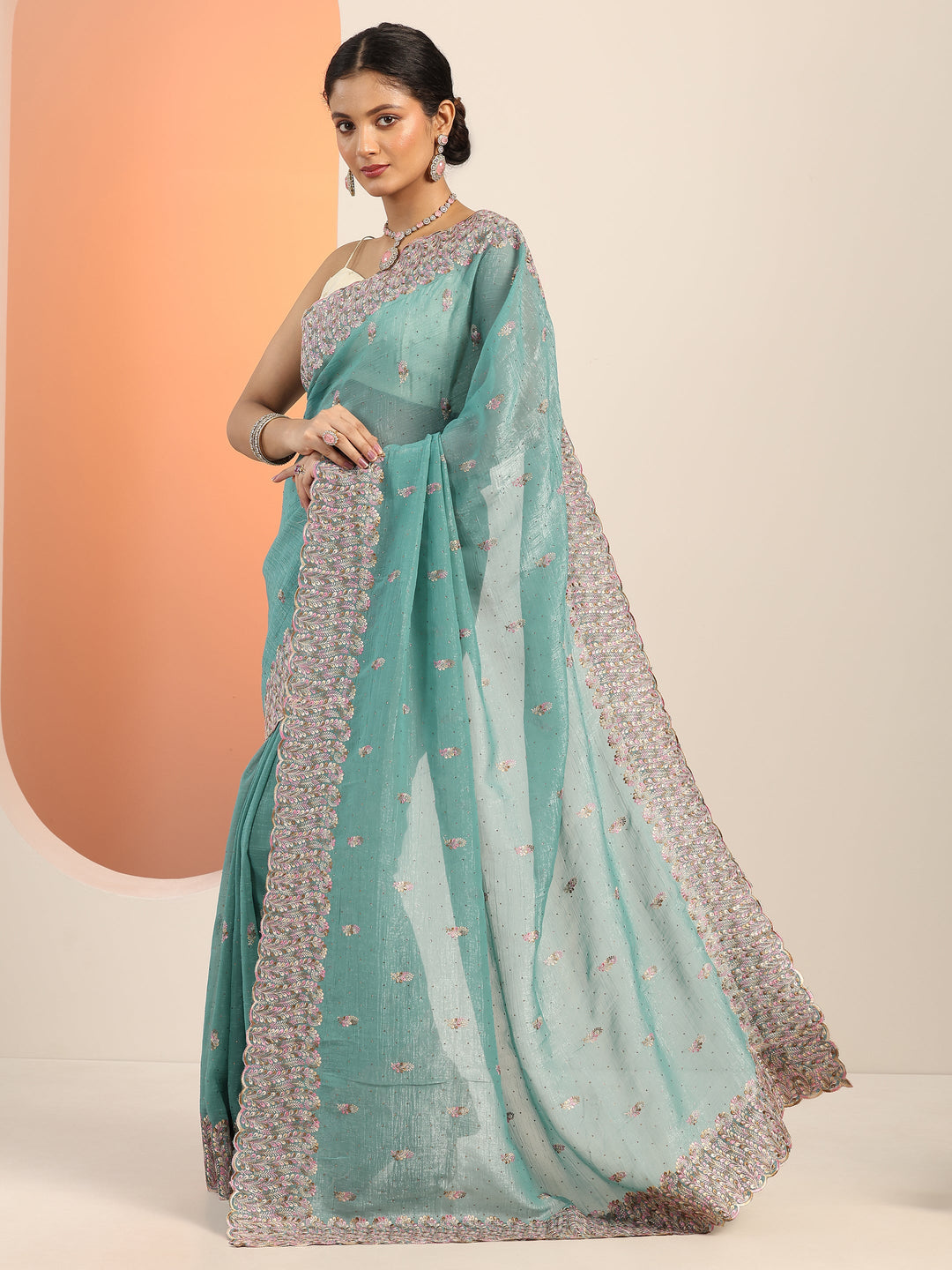  Blue Embroidered Silk blend Saree With Unstitched Blouse Piece 