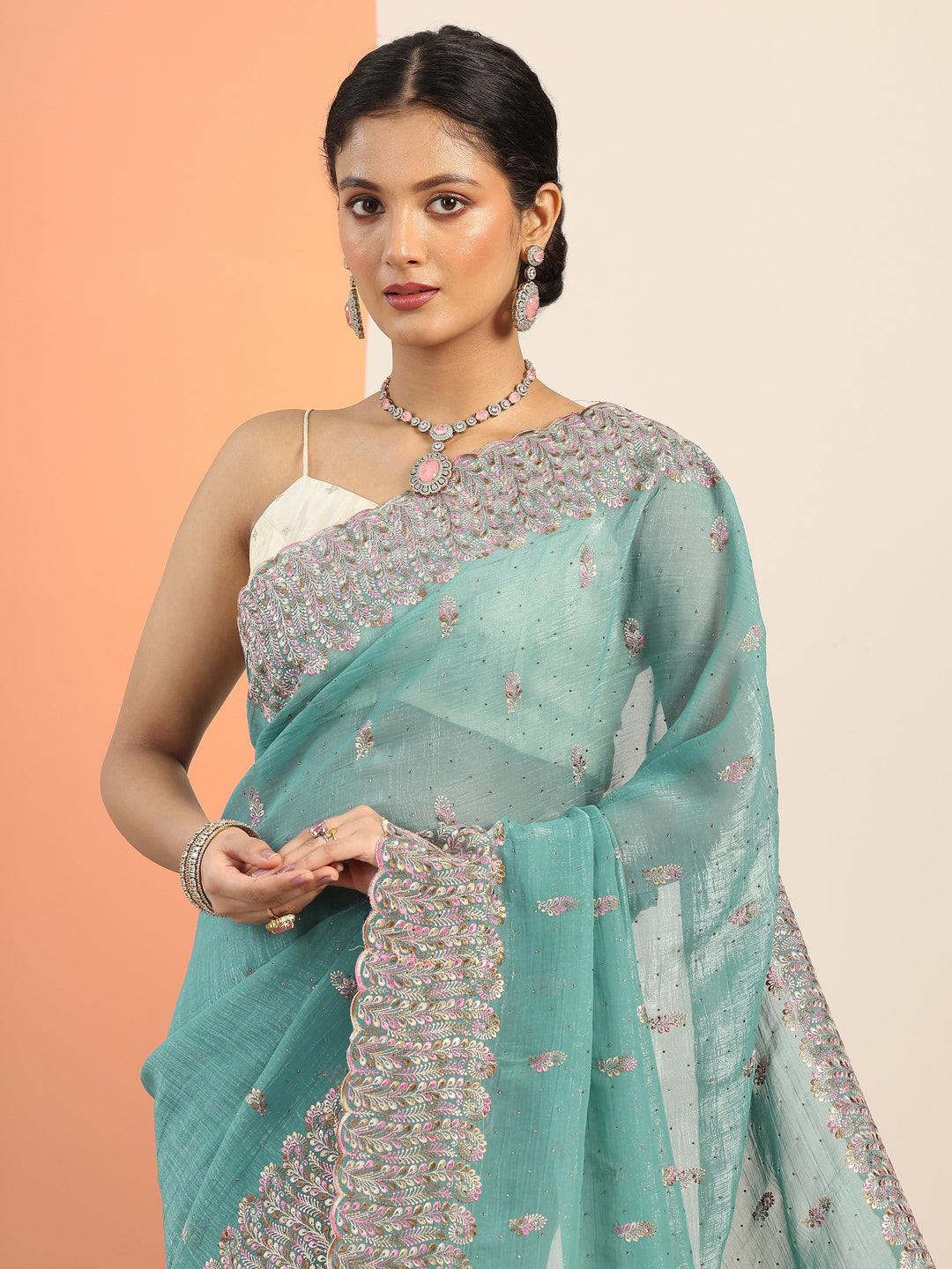  Blue Embroidered Silk blend Saree With Unstitched Blouse Piece 