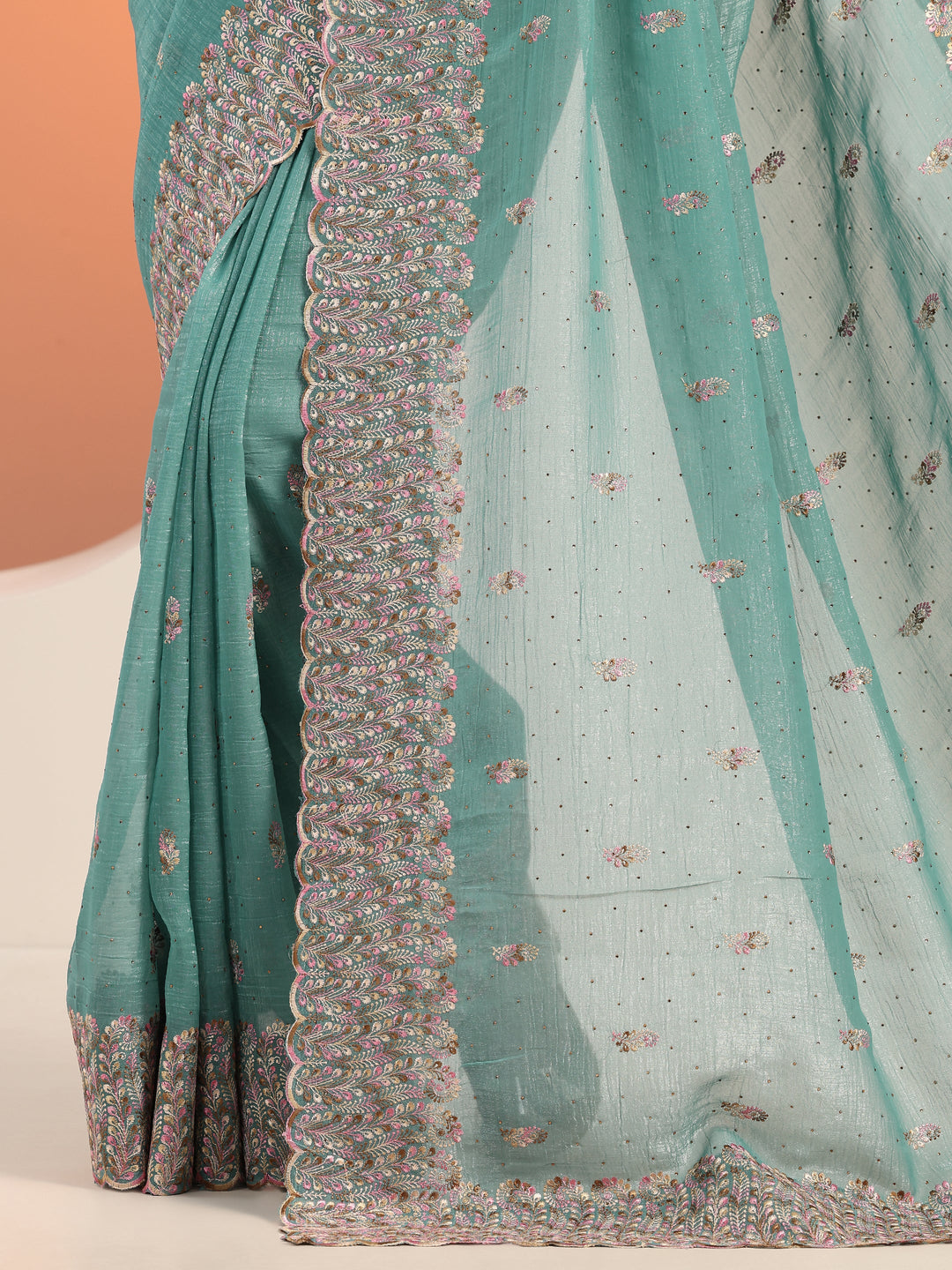  Blue Embroidered Silk blend Saree With Unstitched Blouse Piece 