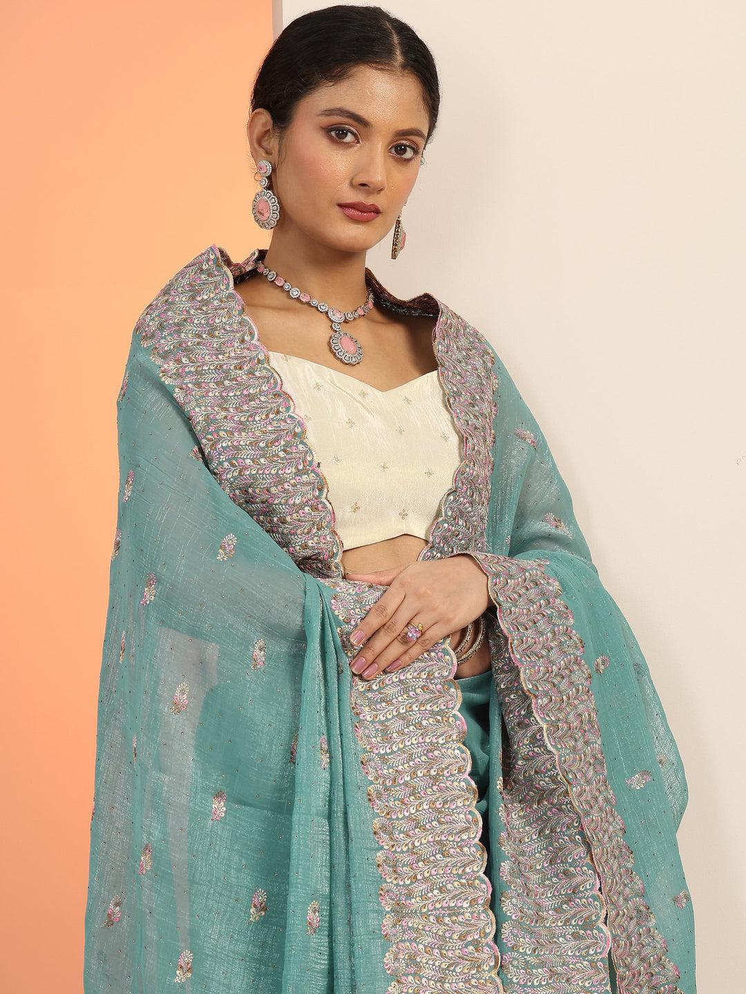  Blue Embroidered Silk blend Saree With Unstitched Blouse Piece 