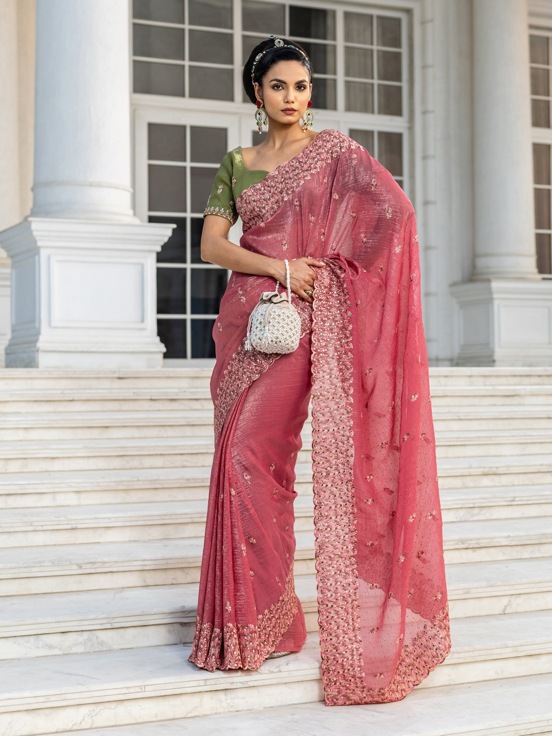 libas Peach Embroidered Silk blend Saree With Unstitched Blouse Piece-picture-19