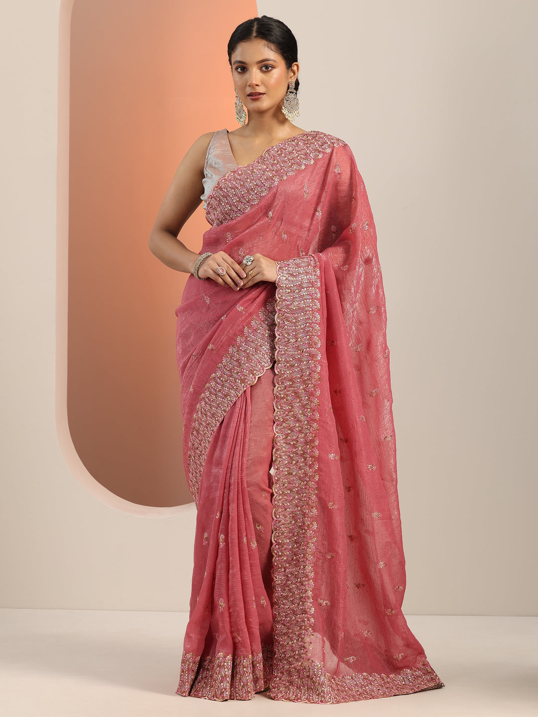  Peach Embroidered Silk blend Saree With Unstitched Blouse Piece 