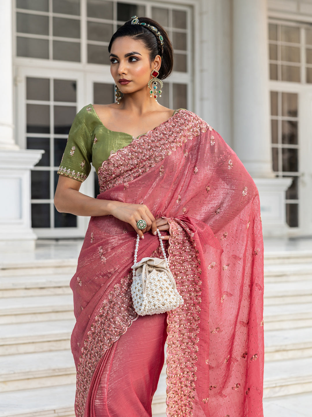  Peach Embroidered Silk blend Saree With Unstitched Blouse Piece 