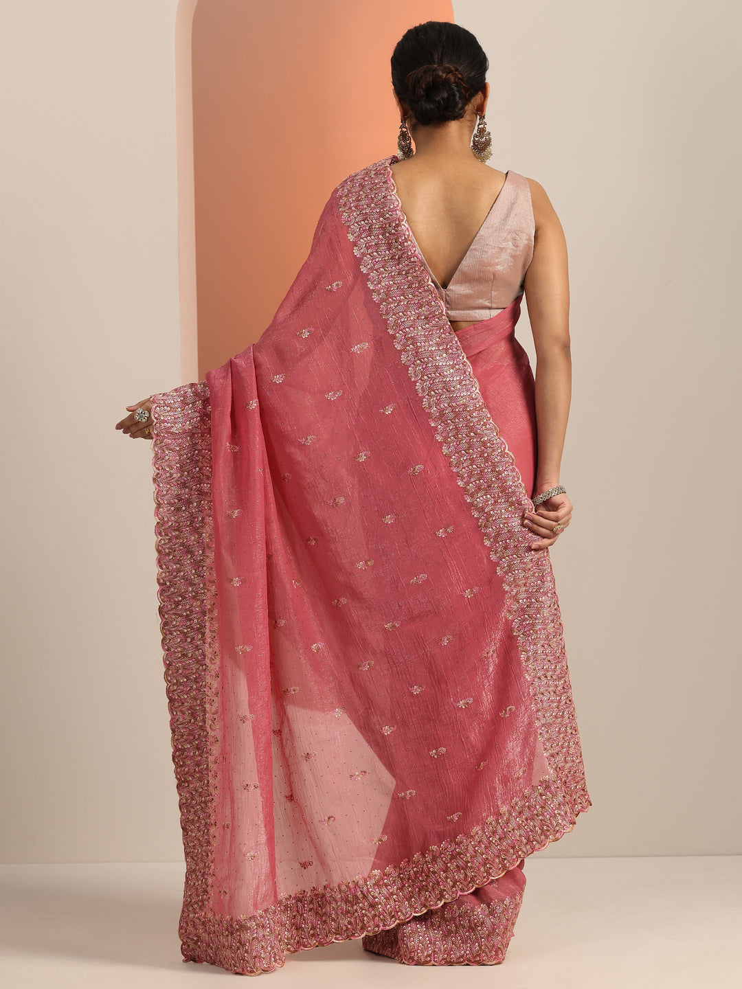  Peach Embroidered Silk blend Saree With Unstitched Blouse Piece 