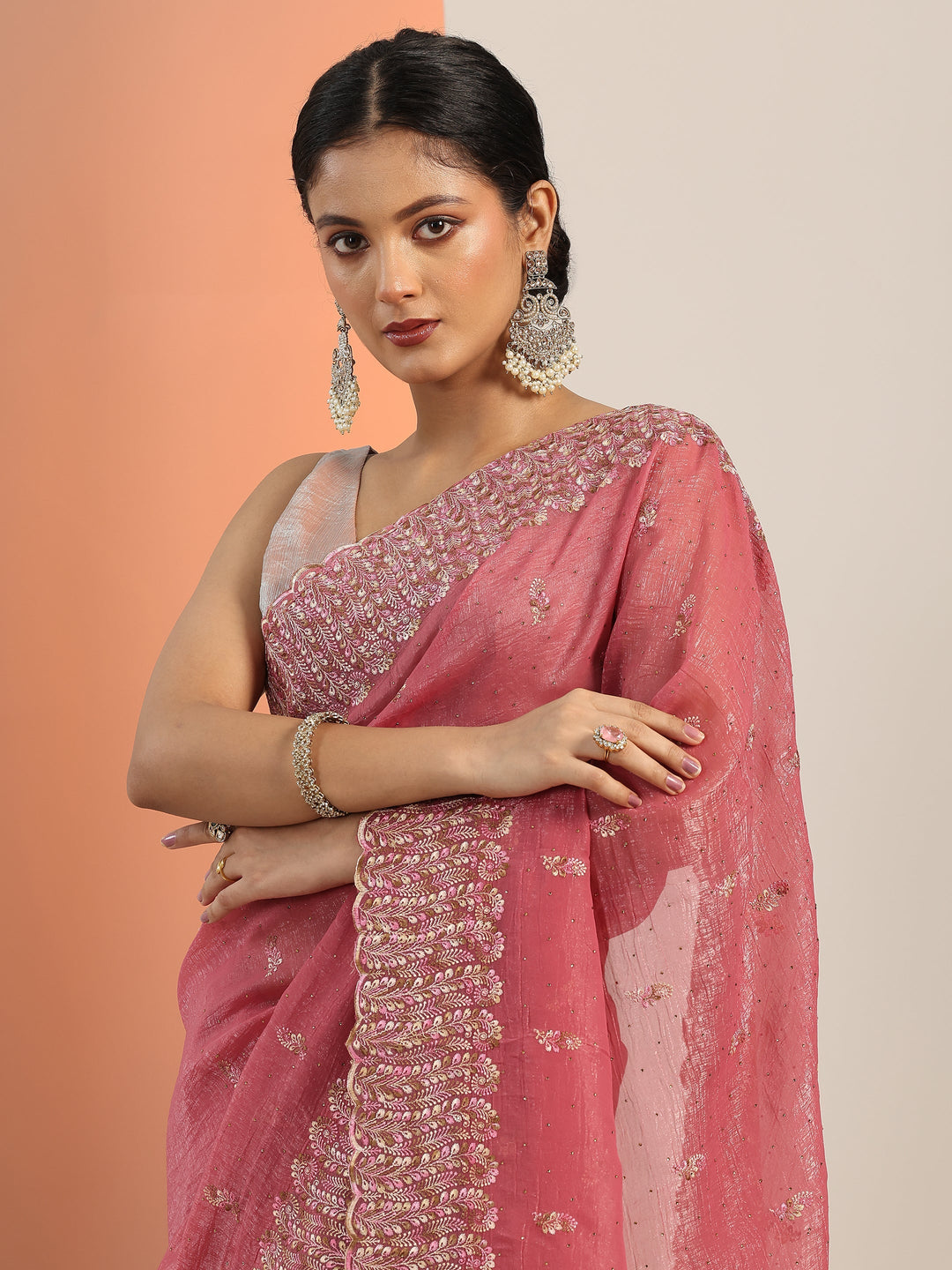  Peach Embroidered Silk blend Saree With Unstitched Blouse Piece 