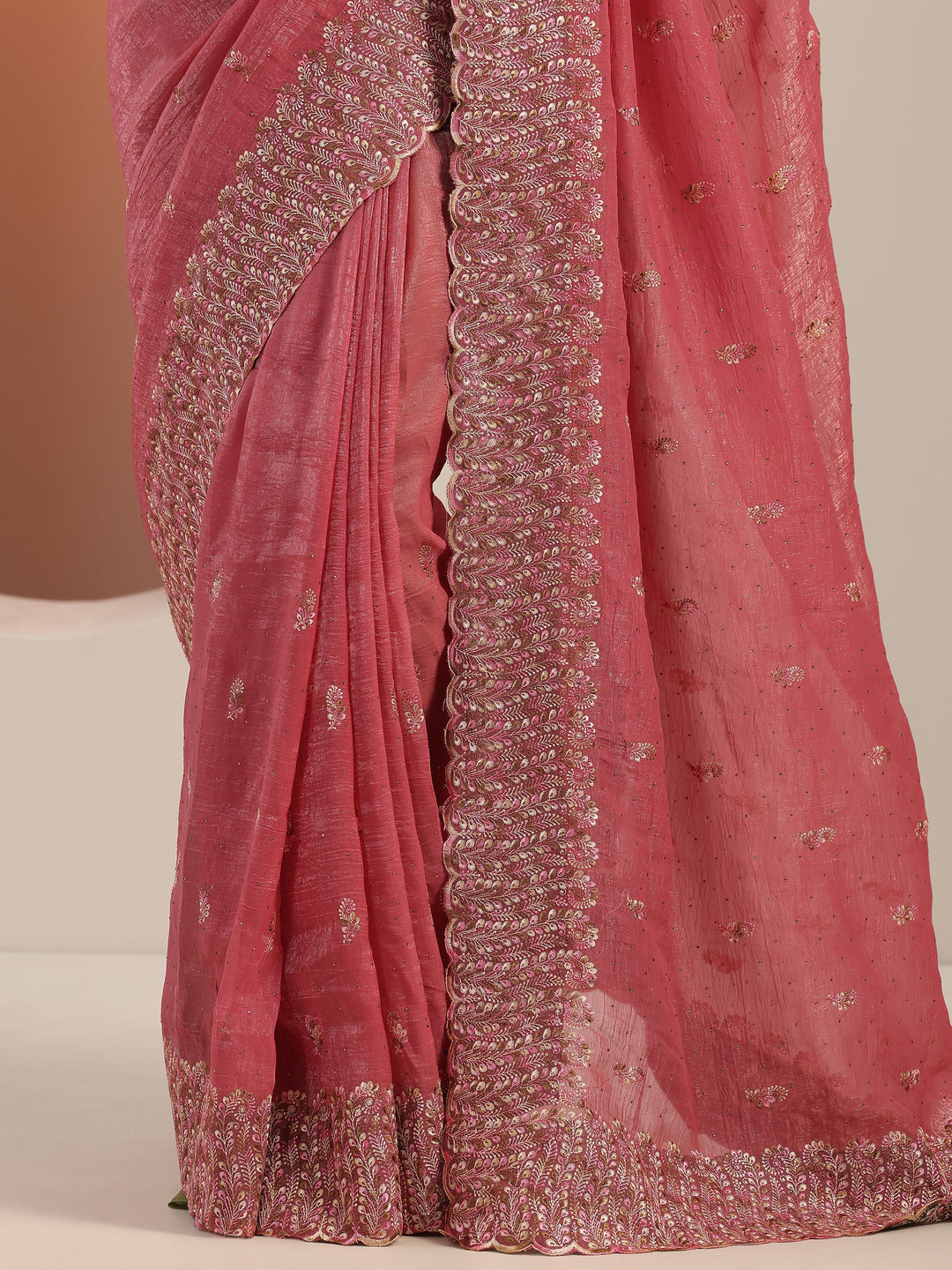 Peach Embroidered Silk blend Saree With Unstitched Blouse Piece 