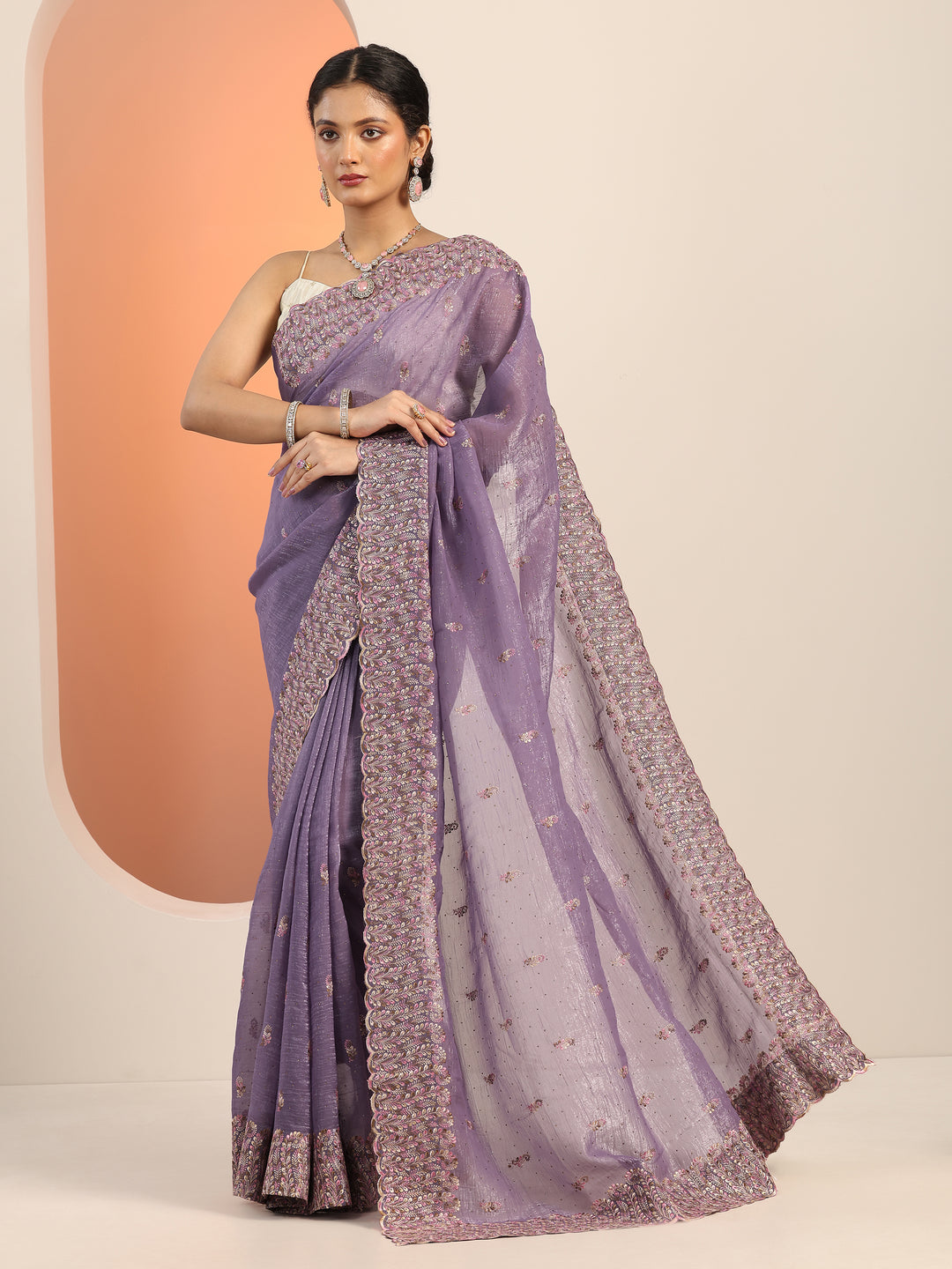  Lavender Embroidered Silk blend Saree With Unstitched Blouse Piece 