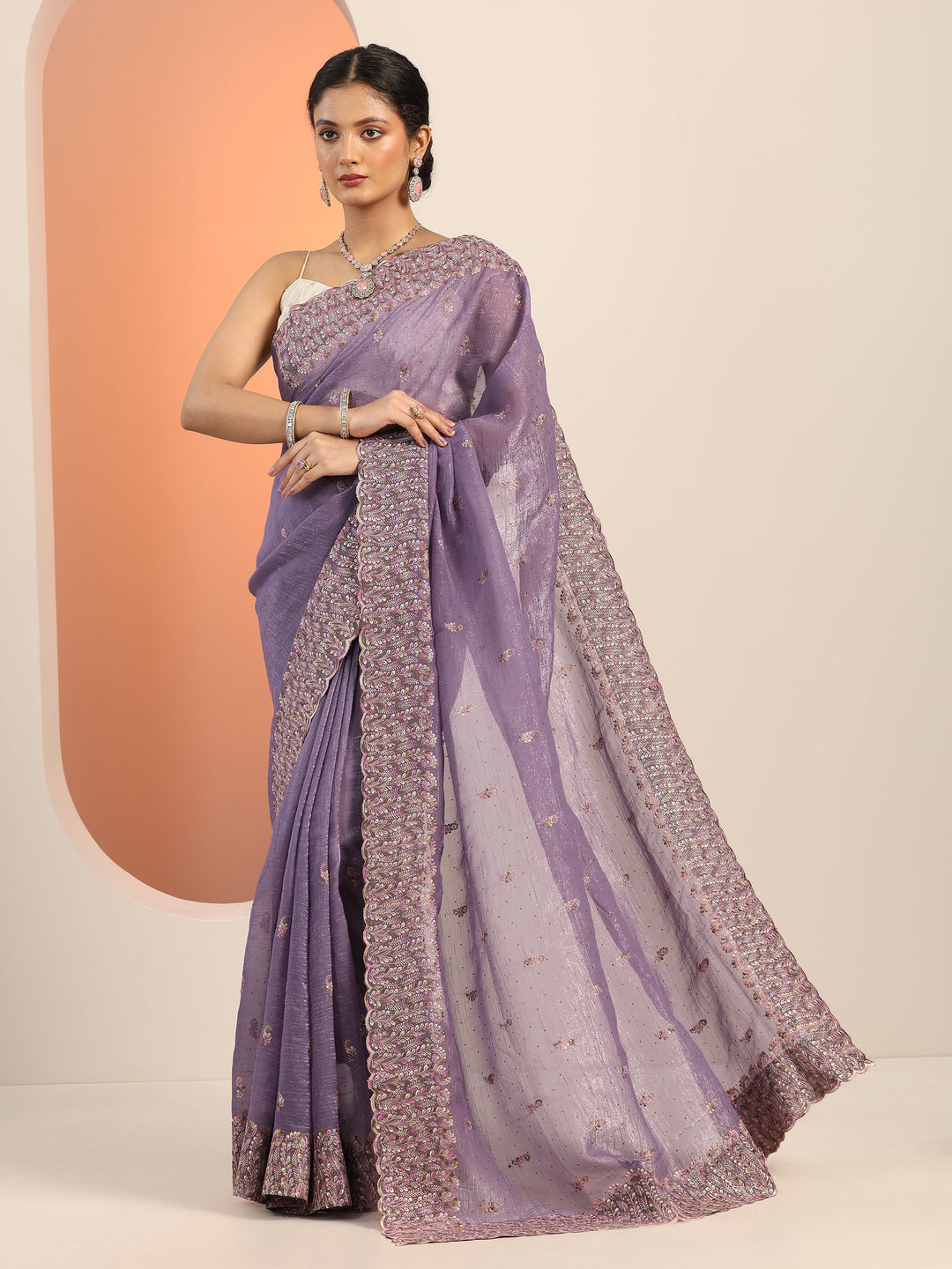  Lavender Embroidered Silk blend Saree With Unstitched Blouse Piece 