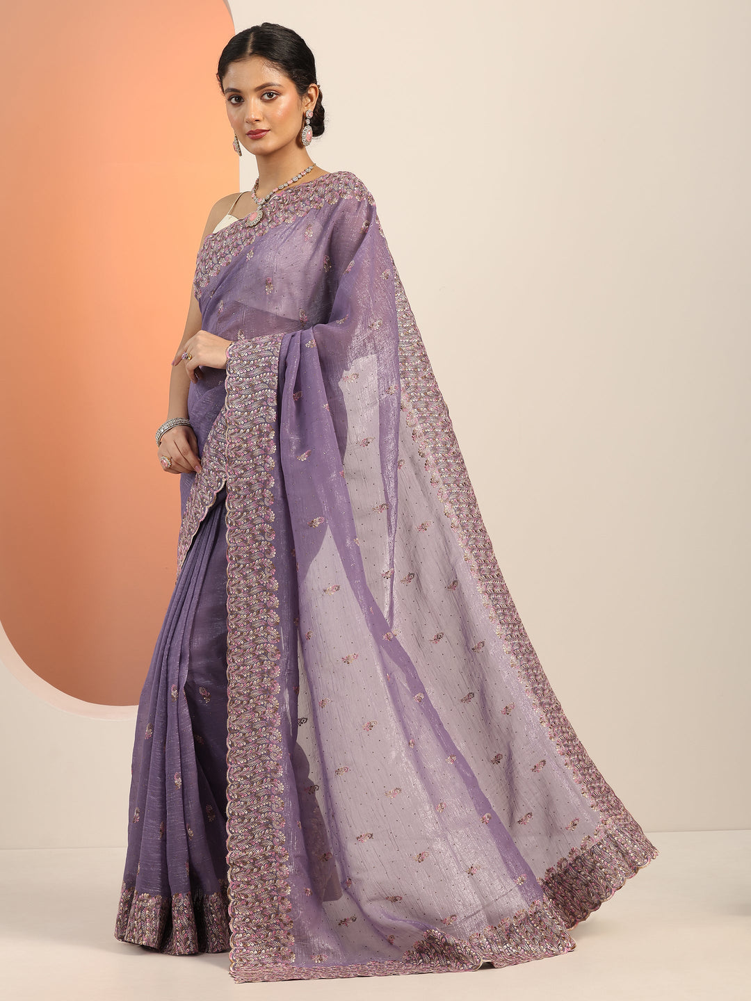  Lavender Embroidered Silk blend Saree With Unstitched Blouse Piece 