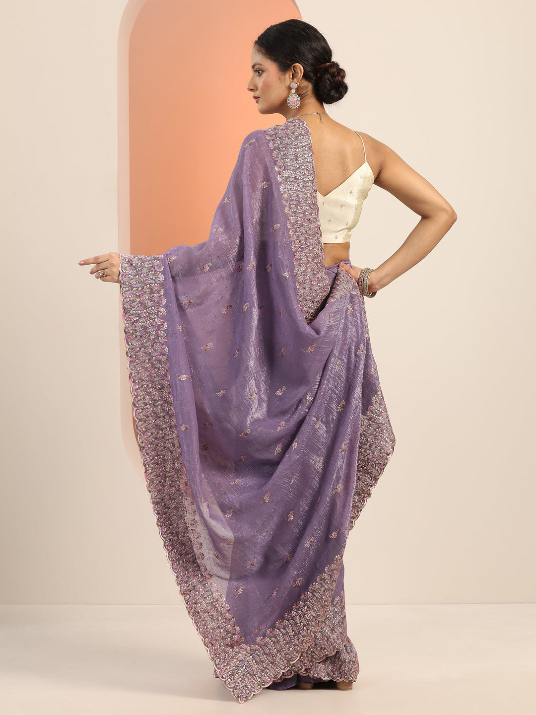  Lavender Embroidered Silk blend Saree With Unstitched Blouse Piece 